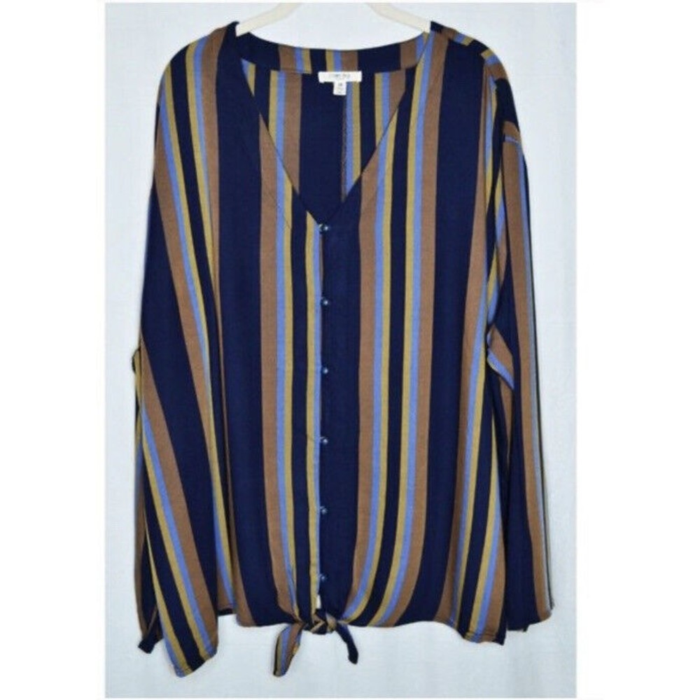 Como Blu Sz XL Button Up Long Sleeve Shirt Blouse Striped Rayon